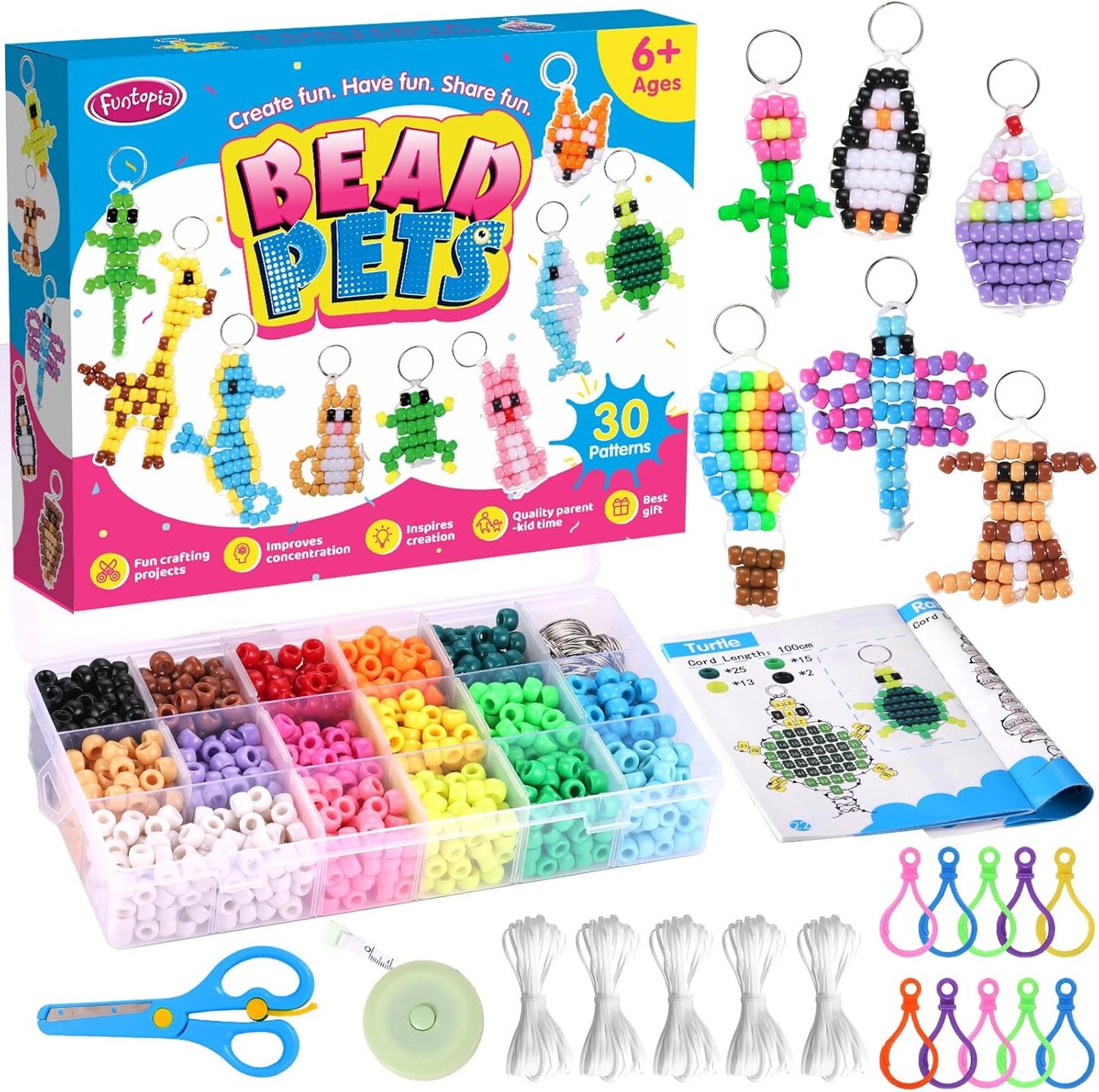 Beads for Crafts, Pony Beads Keychain Making Kit, Bead Pets Art Crafts for Kids Beginners, Birthday Party DIY Craft for Girls Boys (1500 Bead, 30 Designs)
